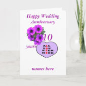 紫色のハートと花記念日に名前を付け、 カード (正面)