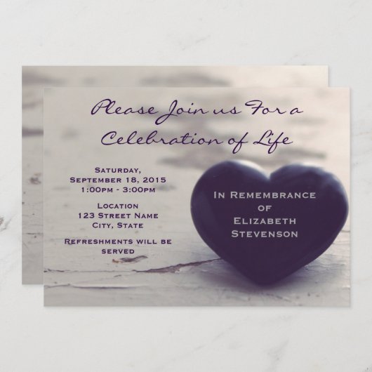 紫色のハートをビーチ記念碑 招待状 (正面/裏面)