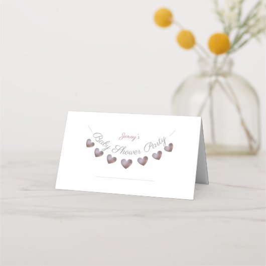 紫色のハートパーソナライズされたベビーシャワープレイスカード プレイスカード (正面)