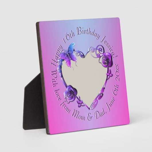 紫色のハートフレームフォト誕生日/記念日 フォトプラーク (正面)