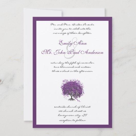 紫色のハートリーフツリー縁どウェディング招待 招待状 (正面)