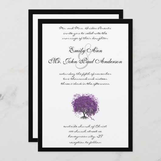 紫色のハートリーフツリー黒い縁どウェディング招待 招待状 (正面/裏面)