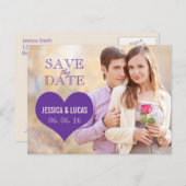 紫色のハート写真の保存日付 案内ポストカード (正面/裏面)