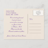 紫色のハート写真の保存日付 案内ポストカード (裏面)