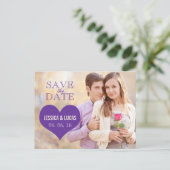 紫色のハート写真の保存日付 案内ポストカード (スタンド正面)