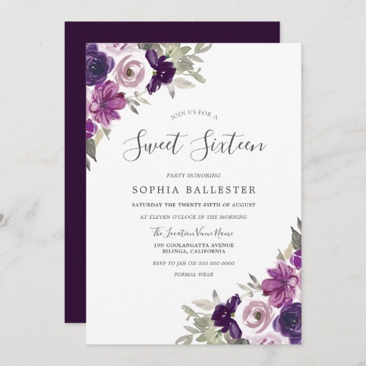 紫色のバイオレットウォーターカラーフラワーズスウィート16パーティー 招待状 (正面/裏面)