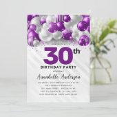 紫色のバイオレットシルバーバルーングリッター30th誕生日 招待状 (スタンド正面)