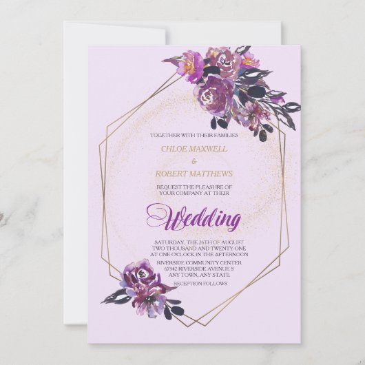 紫色のバイオレットフローラ金ゴールド結婚フレーム 招待状 (正面)