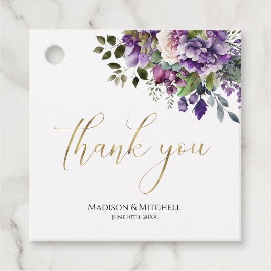 紫色のバイオレット水色ブーケ金ゴールドスクリプト フェイバータグ (正面)