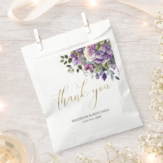 紫色のバイオレット水色ブーケ金ゴールドスクリプト フェイバーバッグ (クリップ留めされた状態)