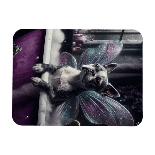 紫色のバスタブに登場する可愛いボストンテリアの妖精 マグネット (横)