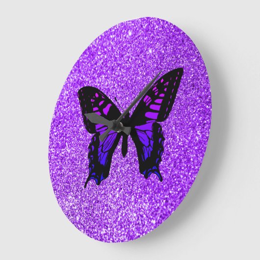 紫色のバタフライフェイクバイオレットガーリーグリッター ラージ壁時計 (傾斜)