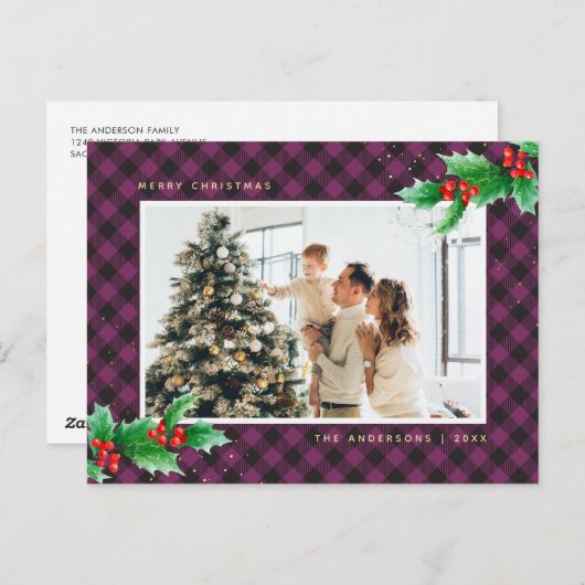 紫色のバッファロープレイドウォーターカラーフォトクリスマス シーズンポストカード (正面/裏面)