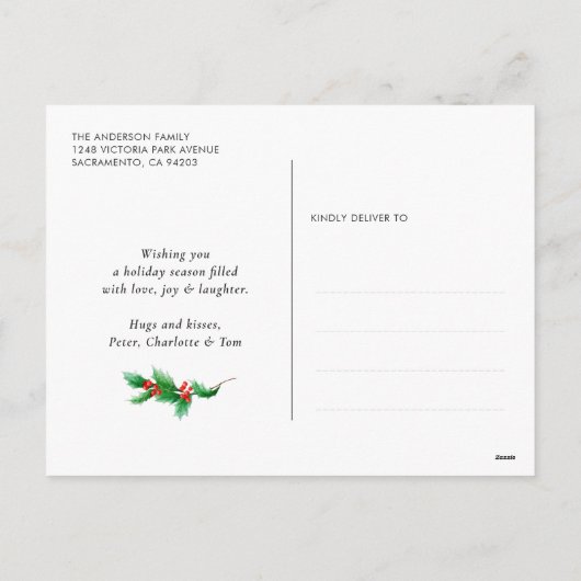 紫色のバッファロープレイドウォーターカラーフォトクリスマス シーズンポストカード (裏面)