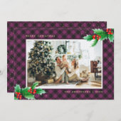 紫色のバッファロープレイドホリーフォトクリスマスカード シーズンカード (正面/裏面)
