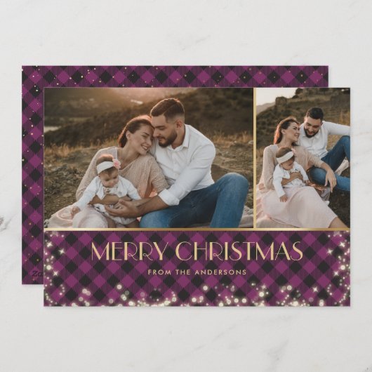 紫色のバッファロープレイド金ゴールド写真クリスマス シーズンカード (正面/裏面)