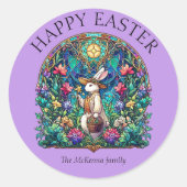 紫色のバニーガーデナーステンドグラスイースター ラウンドシール (正面)