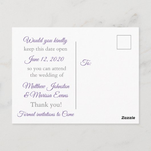 紫色のバブルパーソナライズされた日付はがきを保存 ポストカード (裏面)