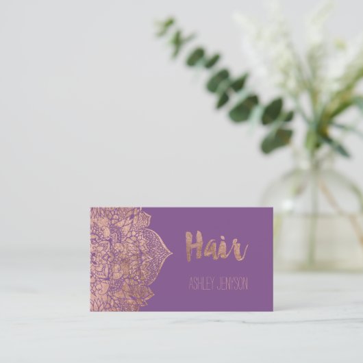 紫色のバラの金ゴールドのbohoの曼荼羅の毛のタイポグラフィ 名刺 (スタンド正面)