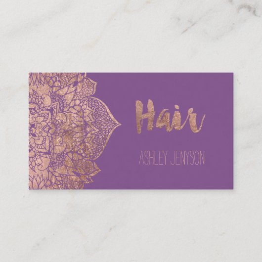 紫色のバラの金ゴールドのbohoの曼荼羅の毛のタイポグラフィ 名刺 (正面)