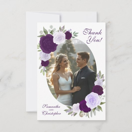 紫色のバラ楕円形の写真QRコードエレガントな結婚式 サンキューカード (正面)