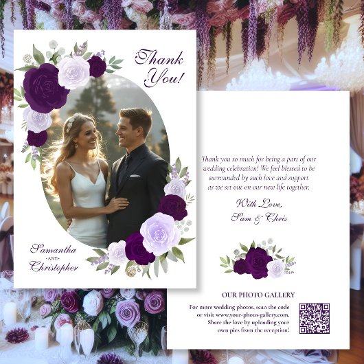 紫色のバラ楕円形の写真QRコードエレガントな結婚式 サンキューカード
