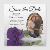 紫色のバラ結婚式の日付を保存フォトマグネット (正面)