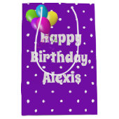 紫色のバルーンの誕生日に白い点 ミディアムペーパーバッグ (正面)