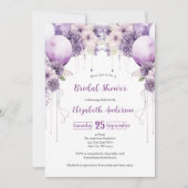 紫色のバルーン水カラー花模様ブライダルシャワー 招待状 (正面)