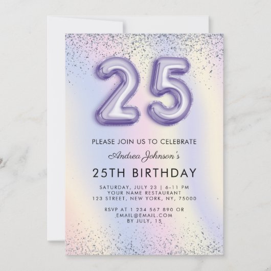 紫色のバルーン番号25誕生日ホログラフィック 招待状 (正面)