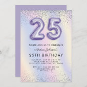 紫色のバルーン番号25誕生日ホログラフィック 招待状 (正面/裏面)