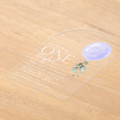 紫色のバルーン、緑、葉、最初の誕生日 アクリル招待状 (レイダウン)