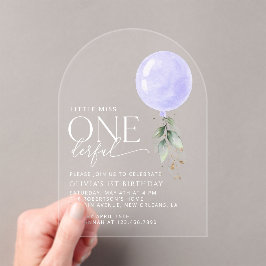 紫色のバルーン、緑、葉、最初の誕生日 アクリル招待状