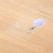 紫色のバルーン、緑、葉、最初の誕生日 アクリル招待状 (レイダウン)