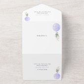 紫色のバルーン、緑、葉、最初の誕生日 オールインワン招待状 (外側)