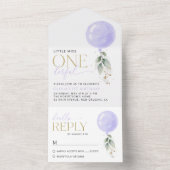 紫色のバルーン、緑、葉、最初の誕生日 オールインワン招待状 (内側)