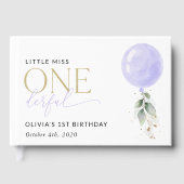 紫色のバルーン、緑、葉、最初の誕生日 ゲストブック (正面)
