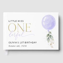 紫色のバルーン、緑、葉、最初の誕生日 ゲストブック