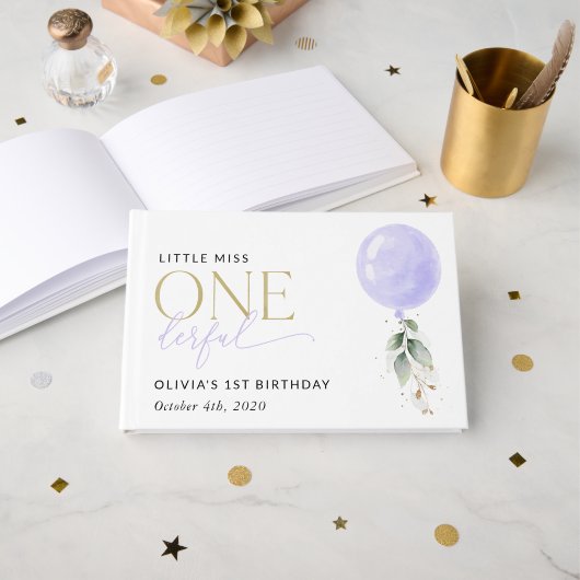 紫色のバルーン、緑、葉、最初の誕生日 ゲストブック (正面見開き)