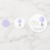 紫色のバルーン、緑、葉、最初の誕生日 コンフェッティ (正面)