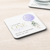 紫色のバルーン、緑、葉、最初の誕生日 コースター (左側)