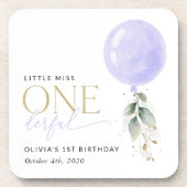 紫色のバルーン、緑、葉、最初の誕生日 コースター (正面)