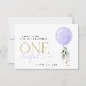 紫色のバルーン、緑、葉、最初の誕生日 サンキューカード (正面)