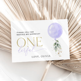 紫色のバルーン、緑、葉、最初の誕生日 サンキューカード