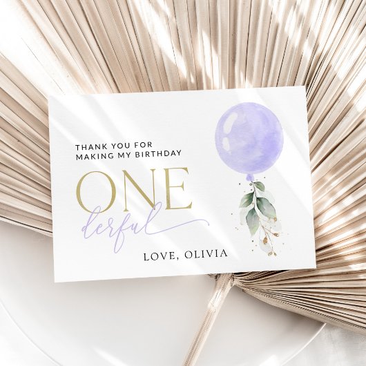 紫色のバルーン、緑、葉、最初の誕生日 サンキューカード