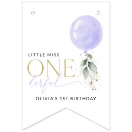 紫色のバルーン、緑、葉、最初の誕生日 バンティングフラッグ