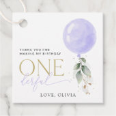 紫色のバルーン、緑、葉、最初の誕生日 フェイバータグ (正面)