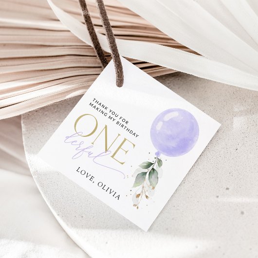 紫色のバルーン、緑、葉、最初の誕生日 フェイバータグ