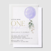 紫色のバルーン、緑、葉、最初の誕生日 ベラム紙招待状 (オフセット)