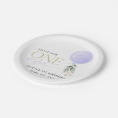 紫色のバルーン、緑、葉、最初の誕生日 ペーパープレート (アングル)